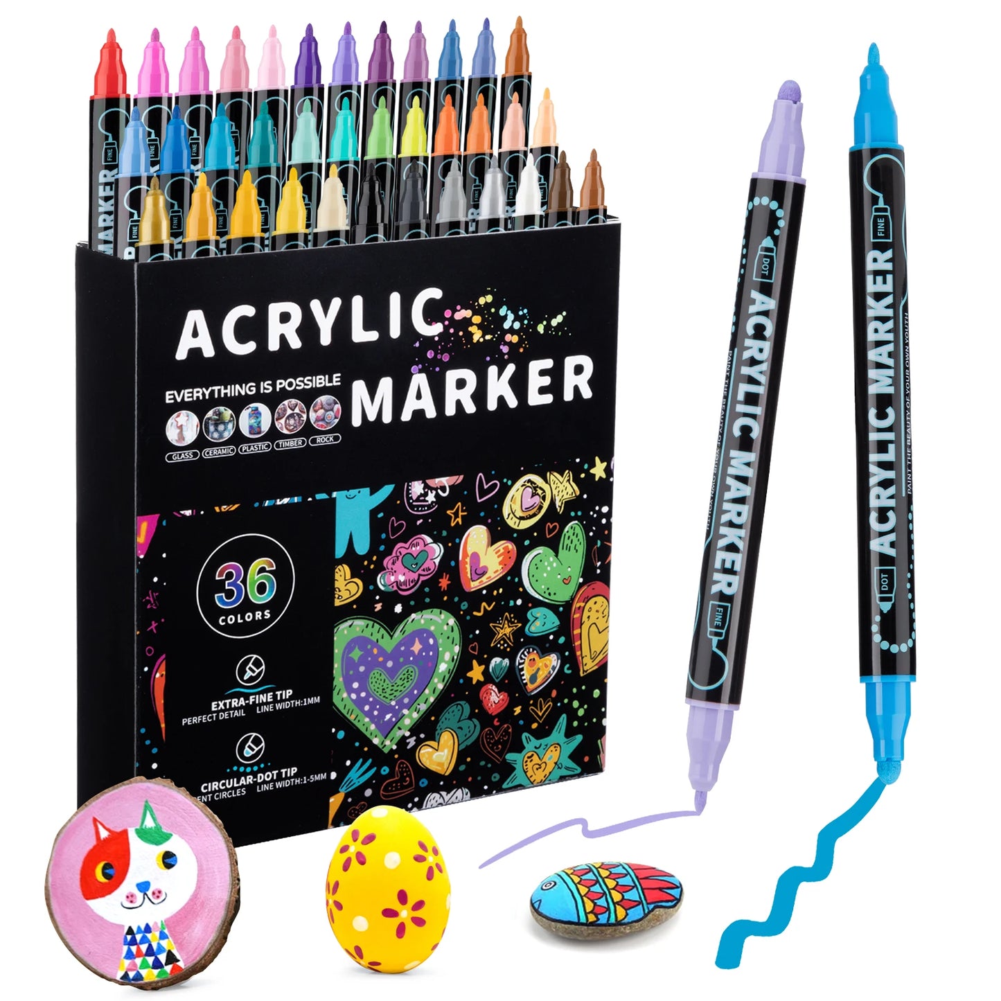 Feutres Acrylique Double Pointe Multi-Supports – 12 ou 36 Couleurs