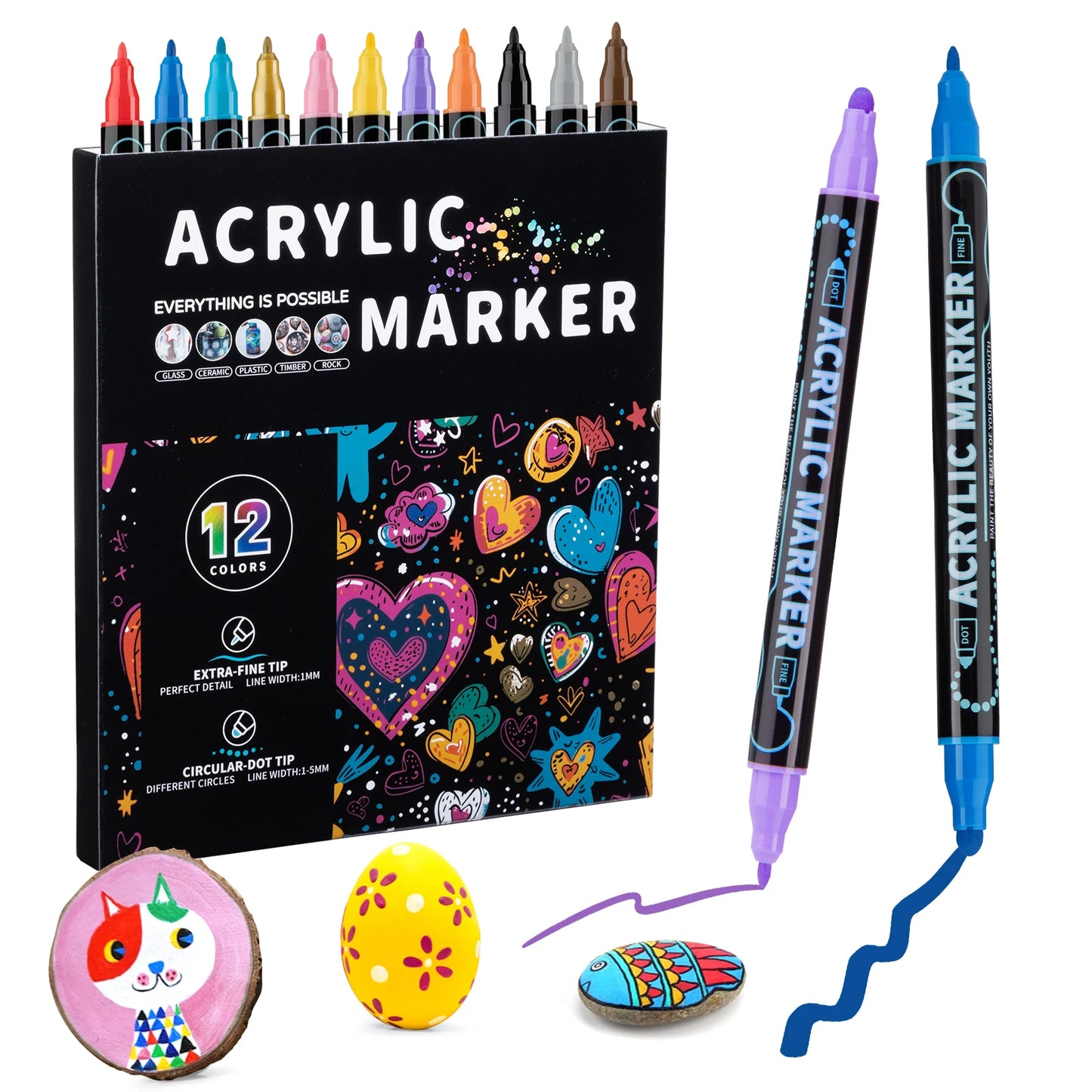 Feutres Acrylique Double Pointe Multi-Supports – 12 ou 36 Couleurs